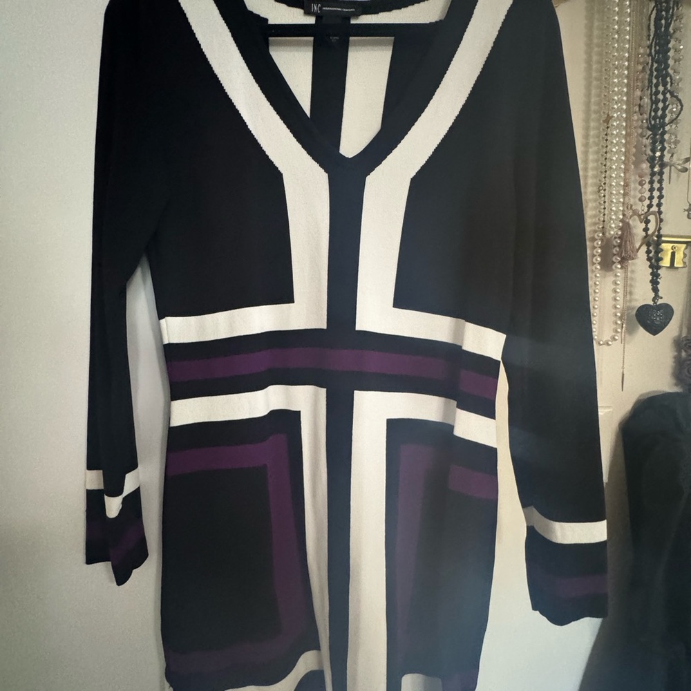 INC International Concepts Black and White Sheath Dress V-Neck 3/4 Sleeve